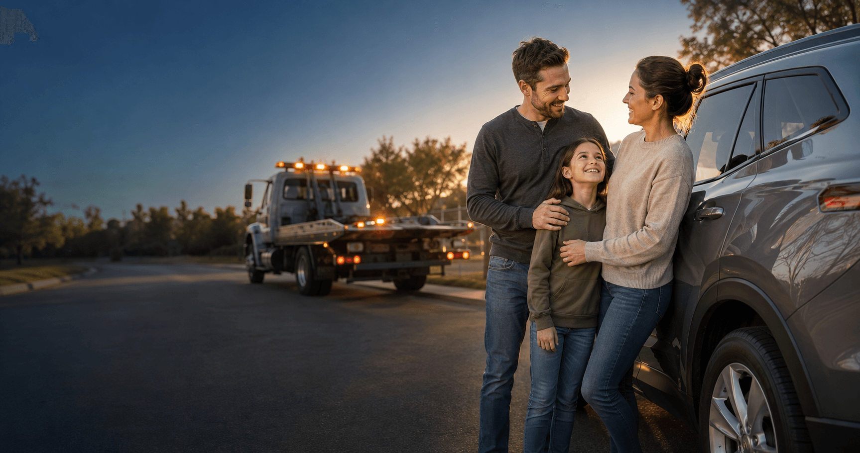 A family beside their vehicle with a tow truck nearby