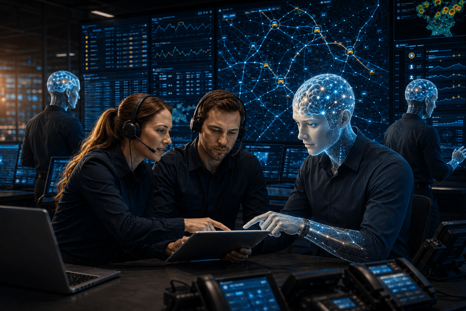 Two human dispatchers and a neural AI coworker coordinating help together, with two additional AI coworkers monitoring the Command Center screens